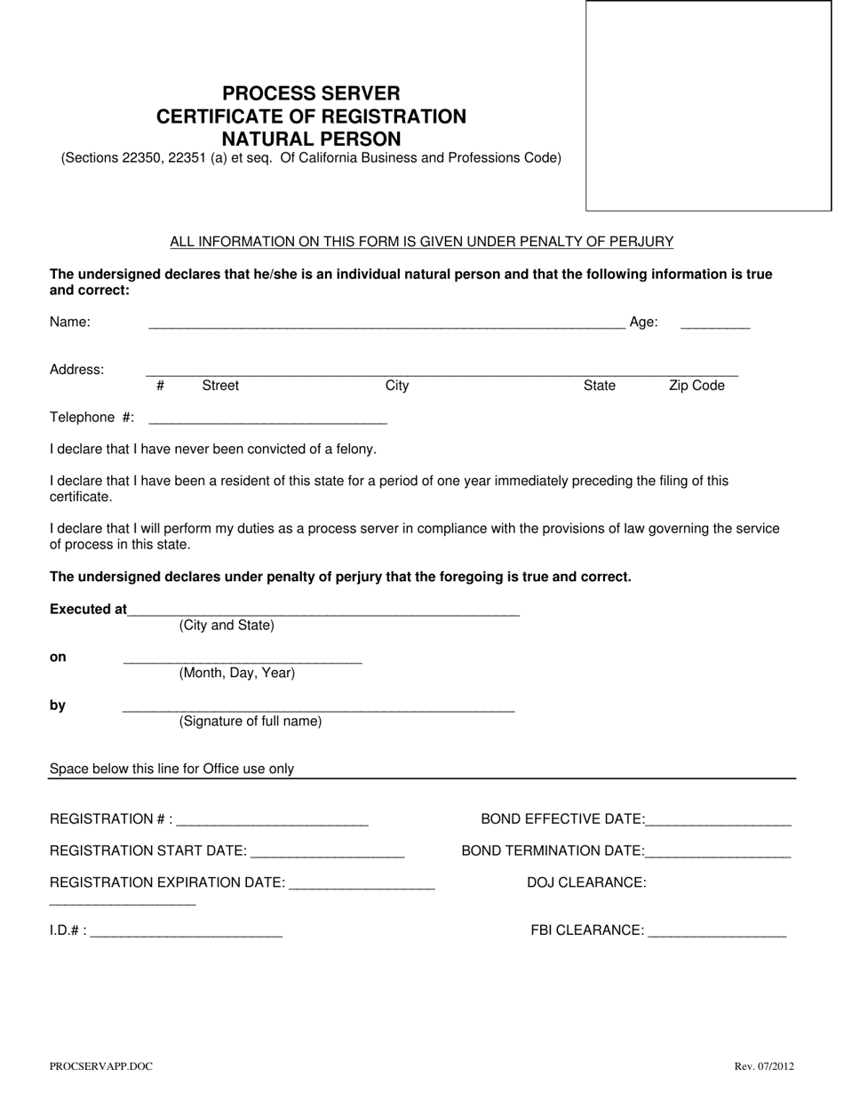 Process Server Certificate of Registration - Natural Person - City and County of San Francisco, California, Page 1
