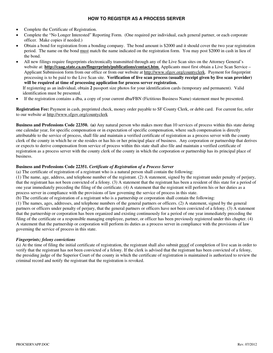 Process Server Certificate of Registration - Natural Person - City and County of San Francisco, California, Page 3