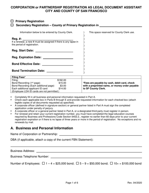 Corporation or Partnership Registration as Legal Document Assistant - City and County of San Francisco, California Download Pdf