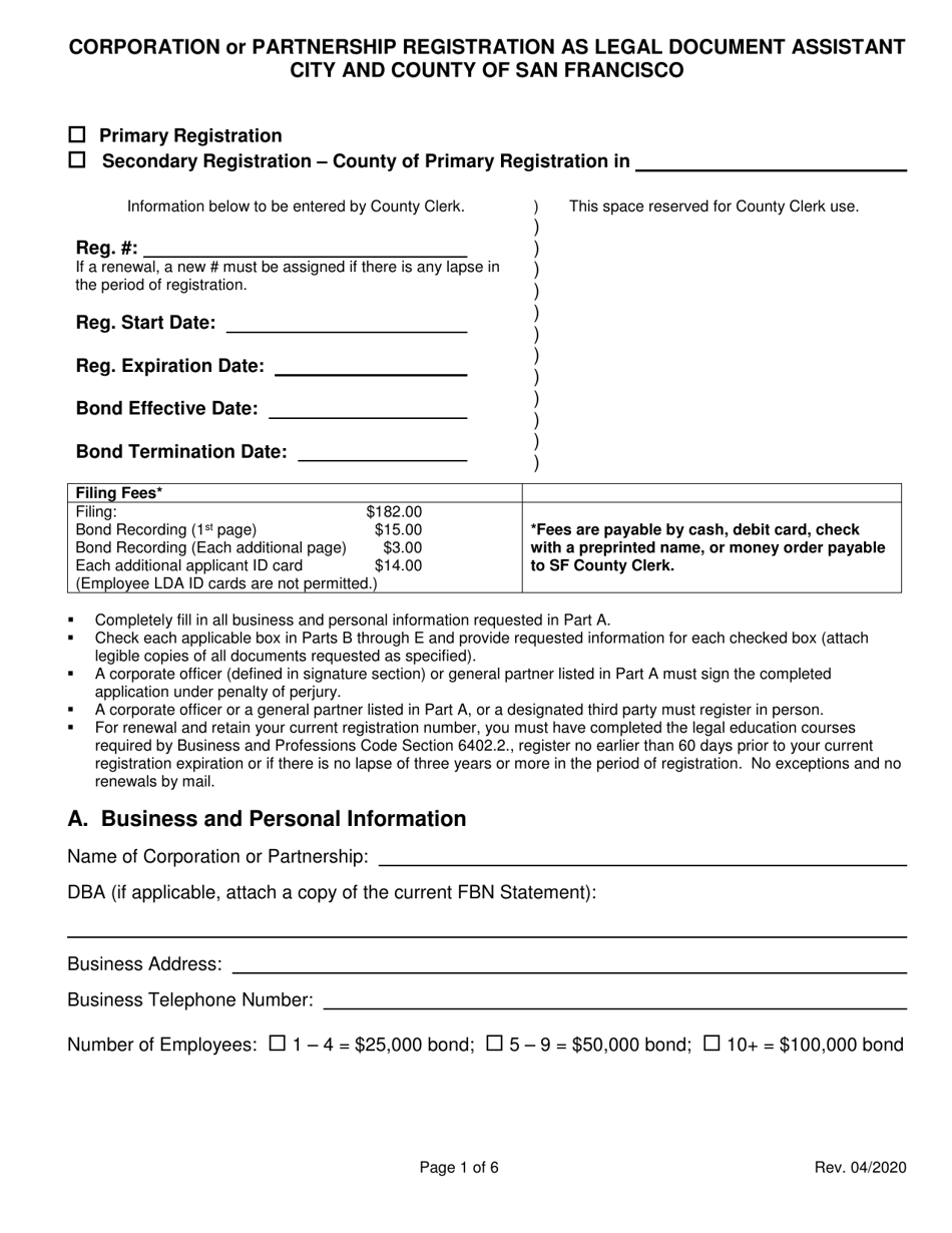 Corporation or Partnership Registration as Legal Document Assistant - City and County of San Francisco, California, Page 1