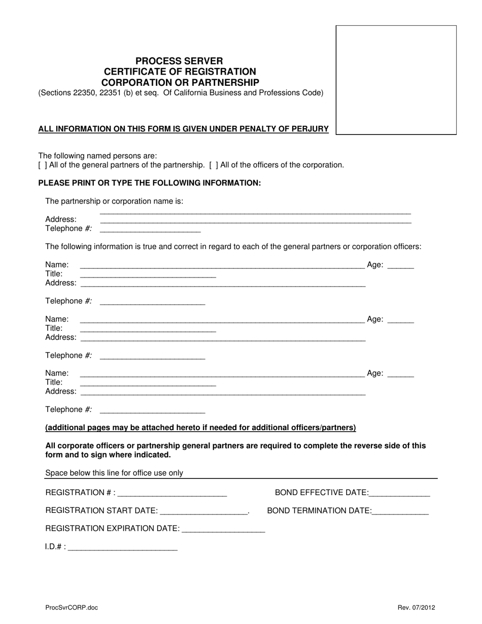 Process Server Certificate of Registration - Corporation or Partnership - City and County of San Francisco, California, Page 1