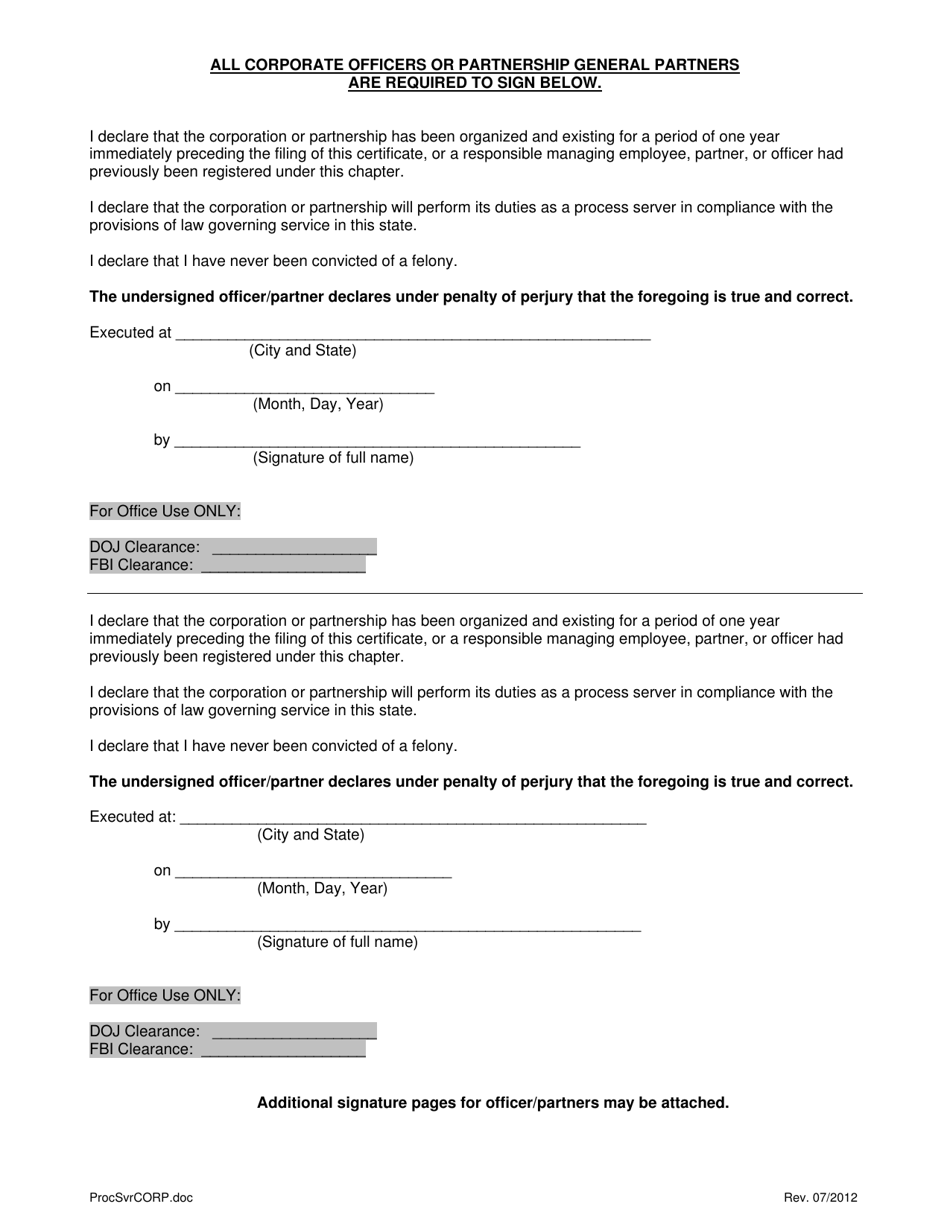 Process Server Certificate of Registration - Corporation or Partnership - City and County of San Francisco, California, Page 3