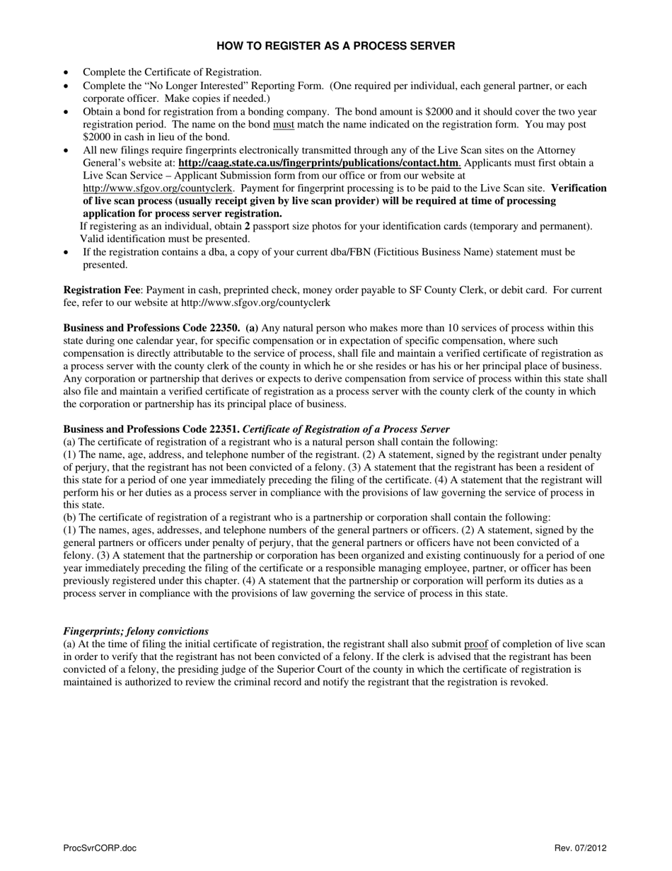 Process Server Certificate of Registration - Corporation or Partnership - City and County of San Francisco, California, Page 5