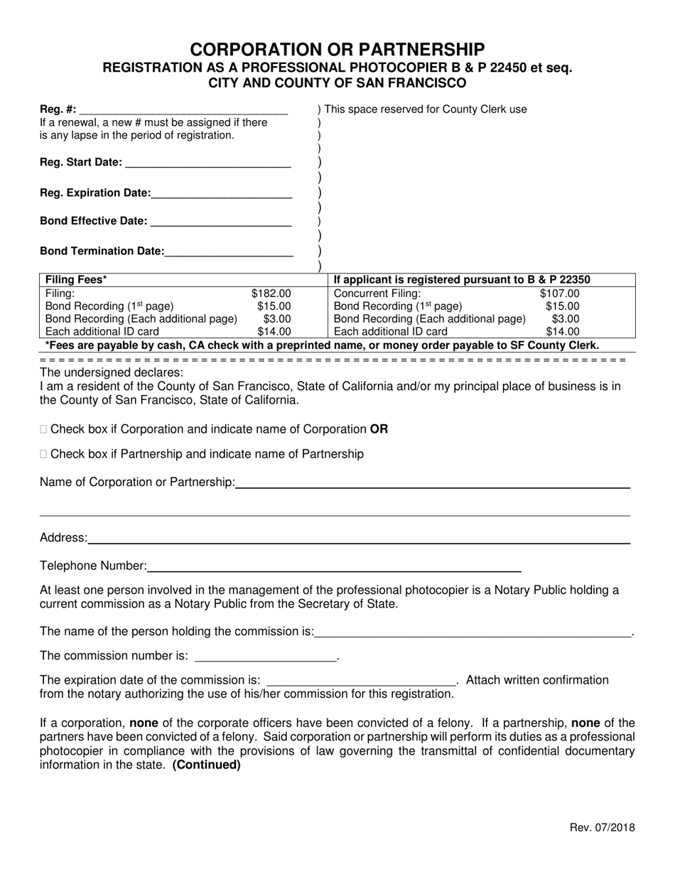 Registration as a Professional Photocopier - Corporation or Partnership - City and County of San Francisco, California, Page 1