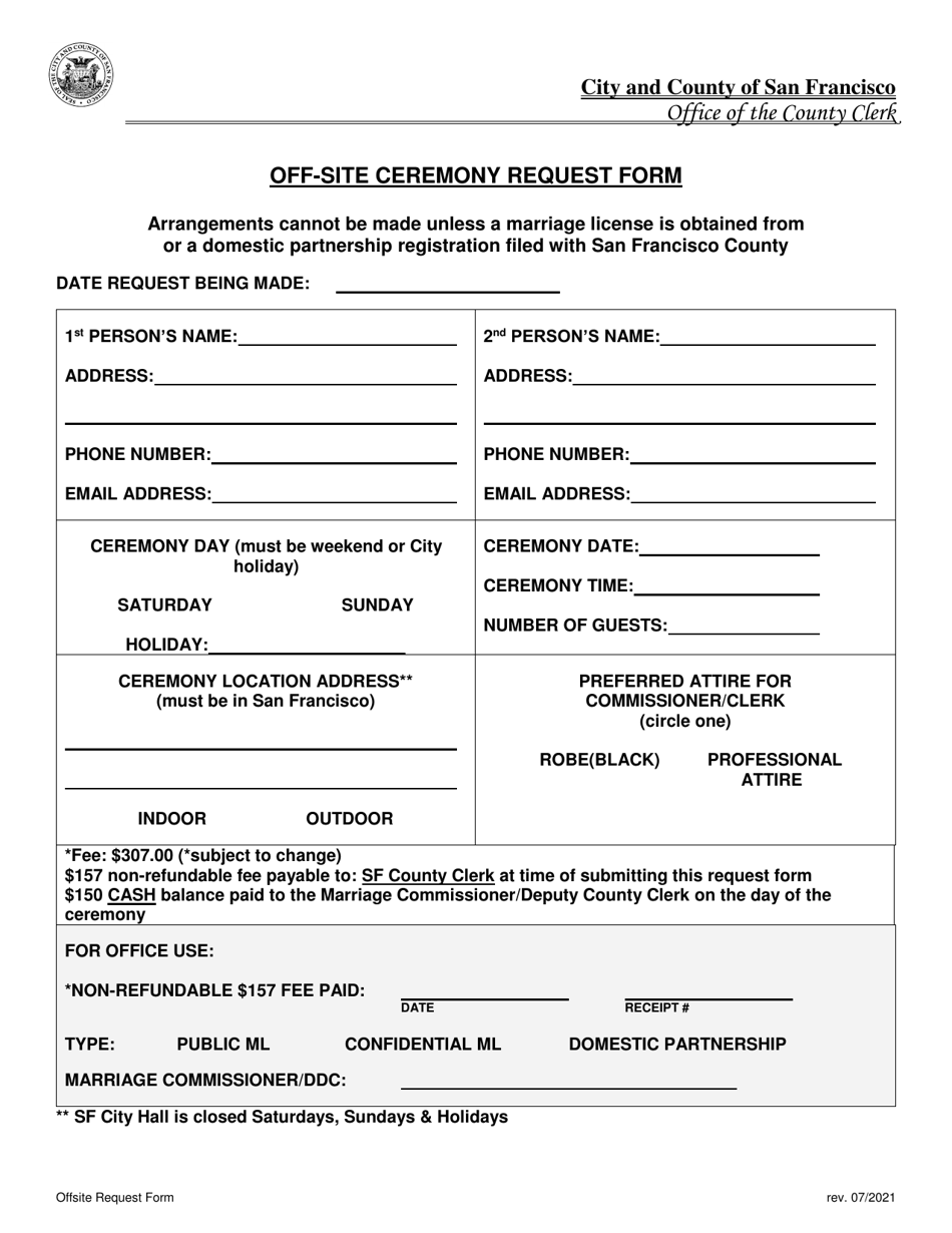 Off-Site Ceremony Request Form - City and County of San Francisco, California, Page 1