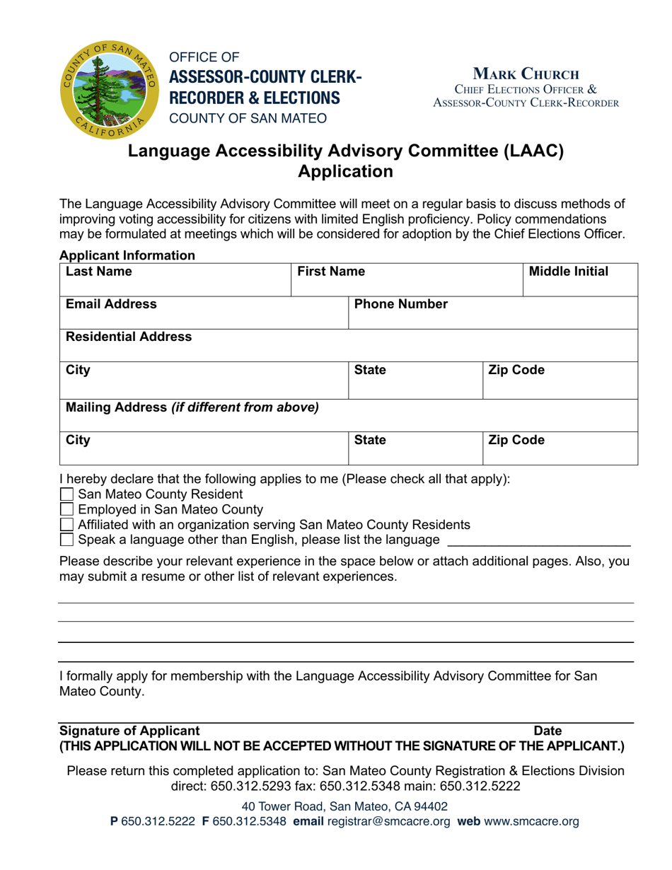 Language Accessibility Advisory Committee (Laac) Application - County of San Mateo, California, Page 1