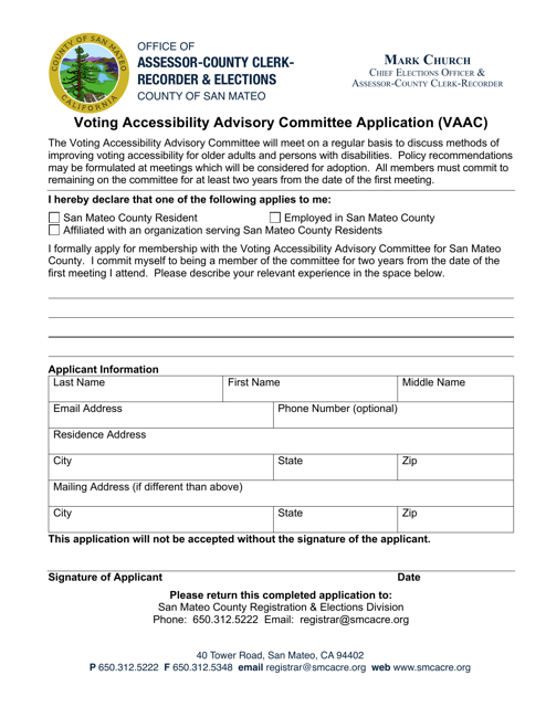 Voting Accessibility Advisory Committee Application (Vaac) - County of San Mateo, California Download Pdf