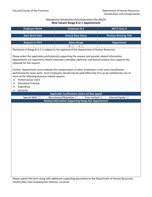 New-Vacant Range B or C Appointment - Management Classification and Compensation Plan (Mccp) - City and County of San Francisco, California Download Pdf