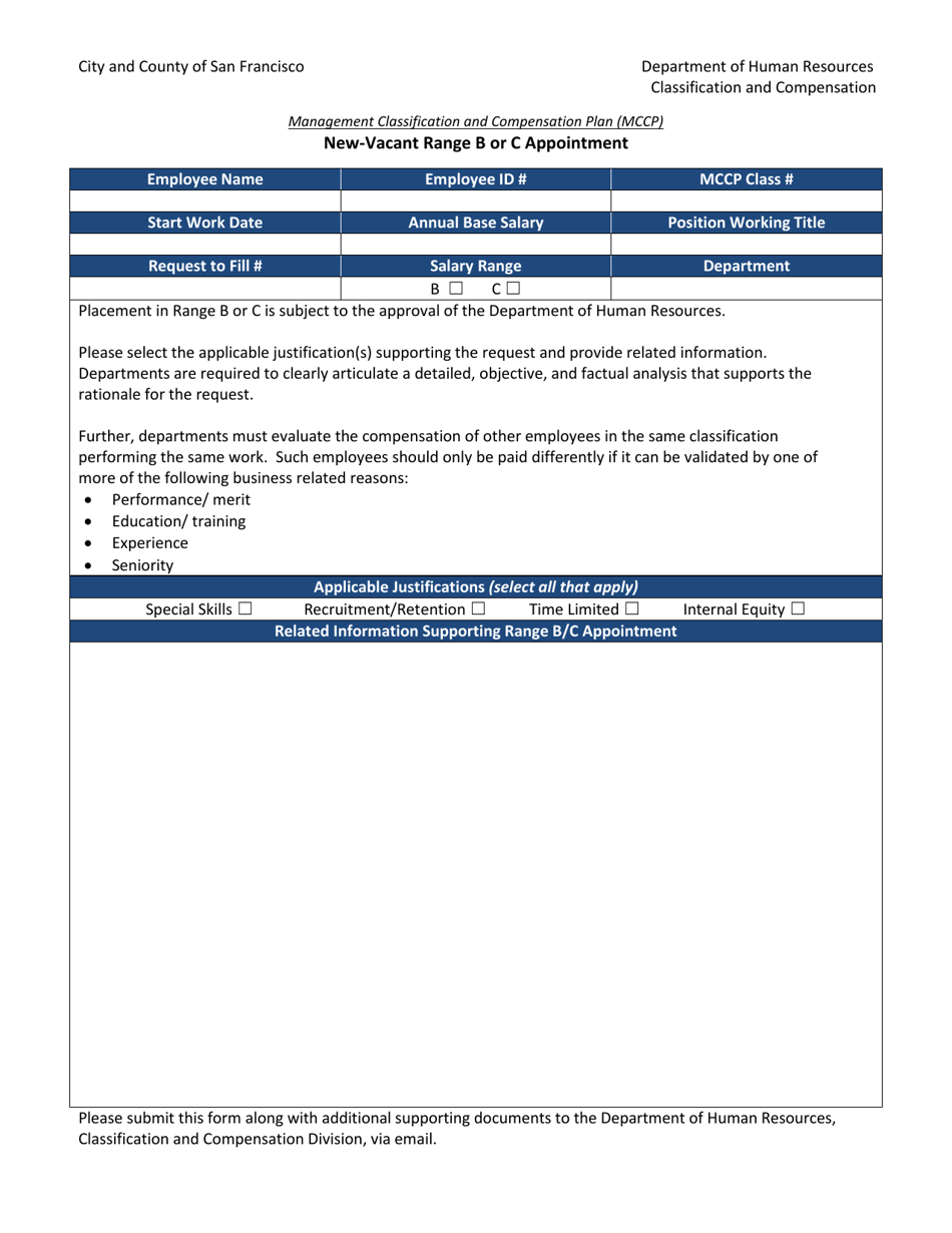 New-Vacant Range B or C Appointment - Management Classification and Compensation Plan (Mccp) - City and County of San Francisco, California, Page 1