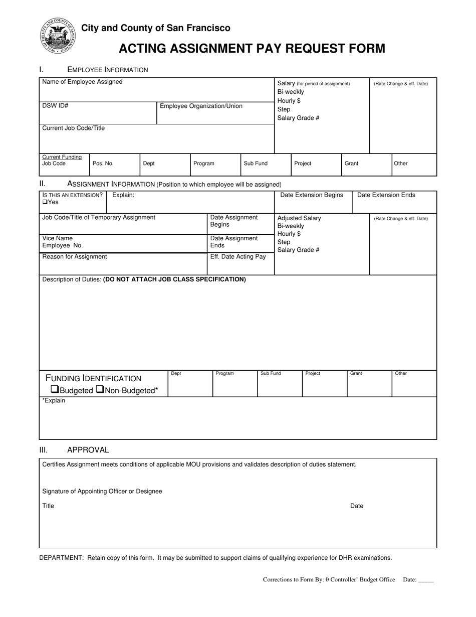 Acting Assignment Pay Request Form - City and County of San Francisco, California, Page 1
