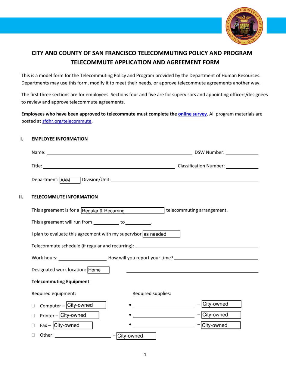 Telecommute Application and Agreement Form - City and County of San Francisco, California, Page 1