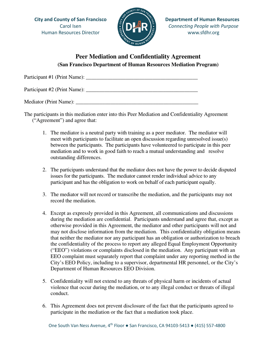 Peer Mediation and Confidentiality Agreement - City and County of San Francisco, California, Page 1