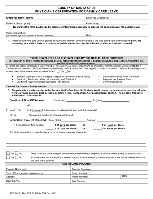 Form PER1081B Physician's Certification for Family Care Leave - County of Santa Cruz, California