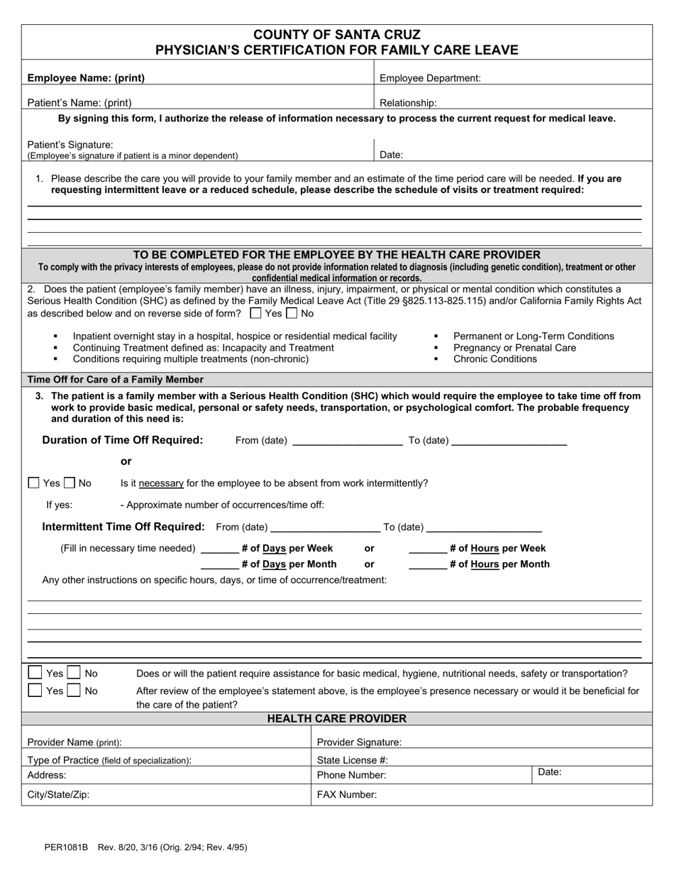 Form PER1081B Physicians Certification for Family Care Leave - County of Santa Cruz, California, Page 1