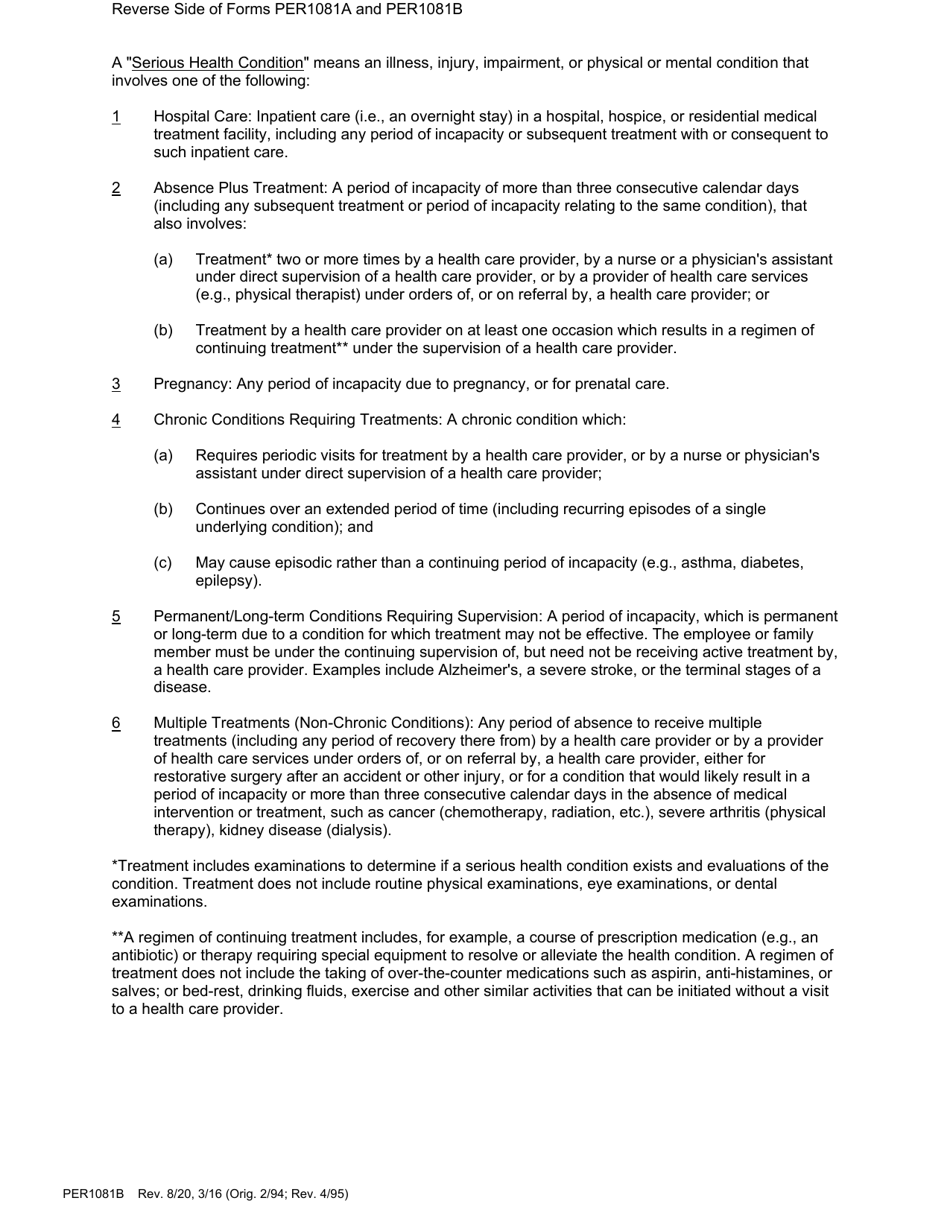 Form PER1081B Physicians Certification for Family Care Leave - County of Santa Cruz, California, Page 2