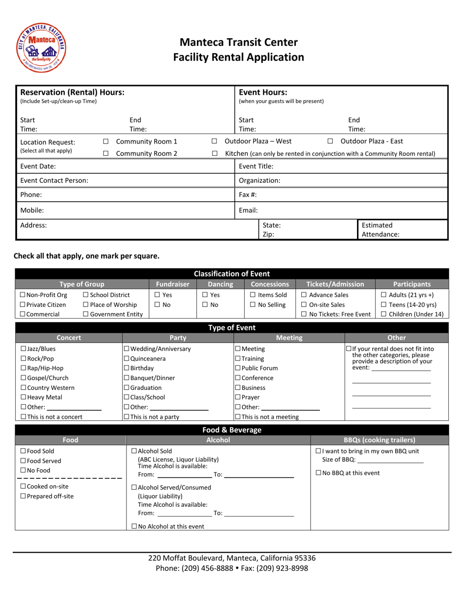 City of Manteca, California Facility Rental Application Manteca