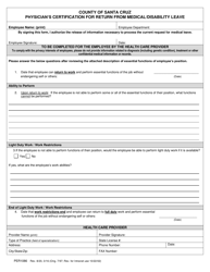 Document preview: Form PER1086 Physician's Certification for Return From Medical/Disability Leave - County of Santa Cruz, California