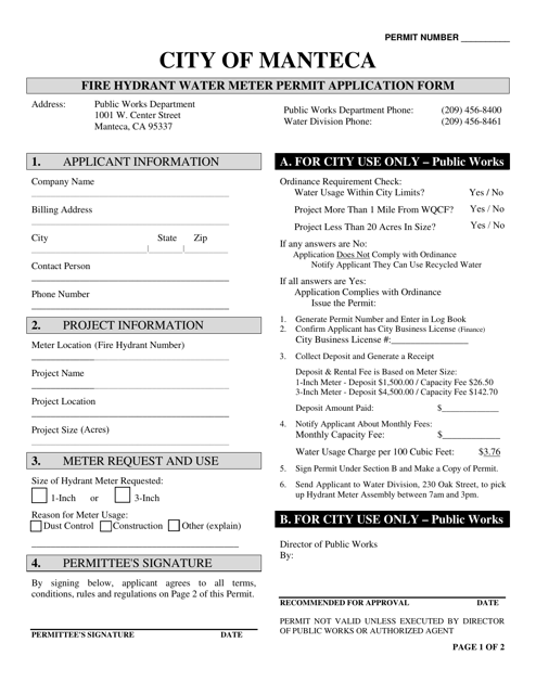 Fire Hydrant Water Meter Permit Application Form - City of Manteca, California Download Pdf