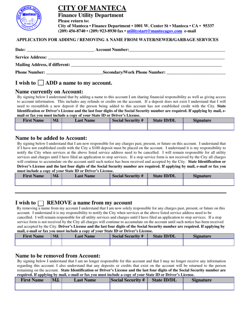 Application for Adding/Removing a Name From Water/Sewer/Garbage Services - City of Manteca, California
