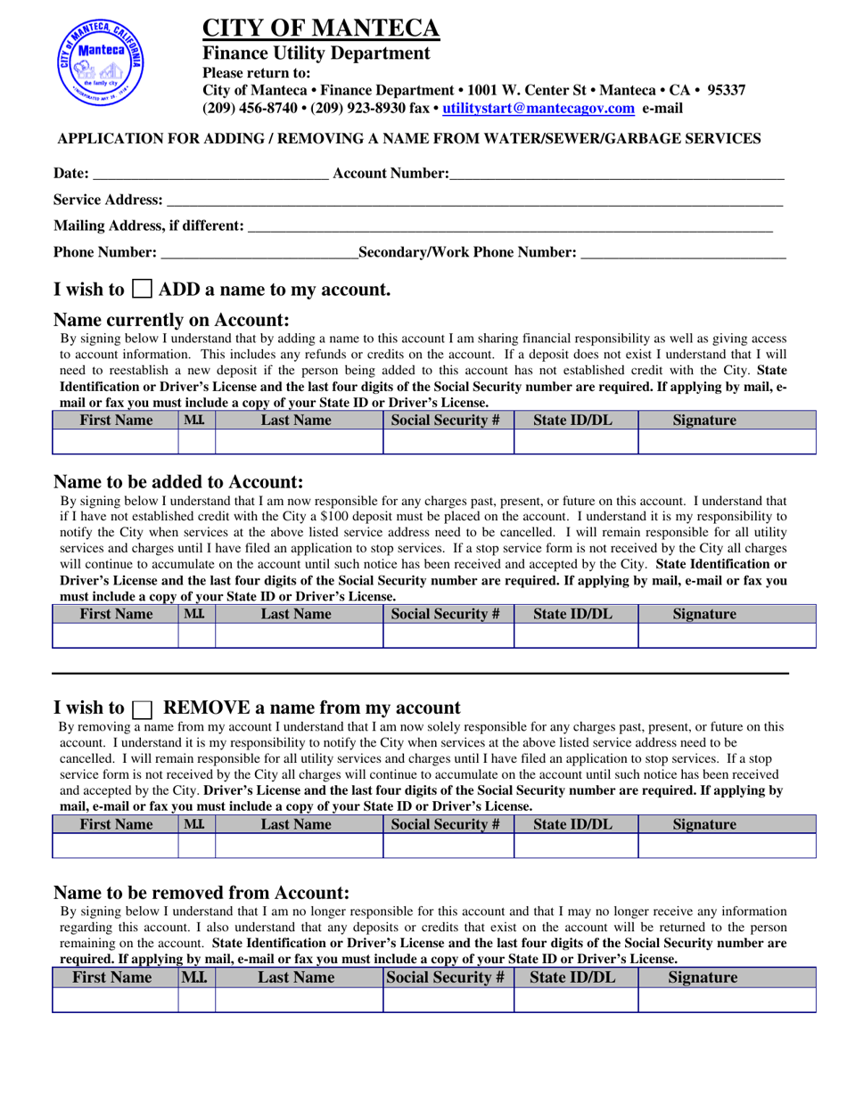 Application for Adding / Removing a Name From Water / Sewer / Garbage Services - City of Manteca, California, Page 1