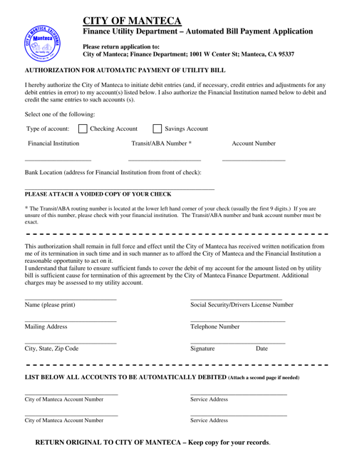 Authorization for Automatic Payment of Utility Bill - City of Manteca, California Download Pdf