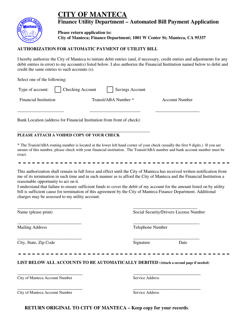 Authorization for Automatic Payment of Utility Bill - City of Manteca, California, Page 1