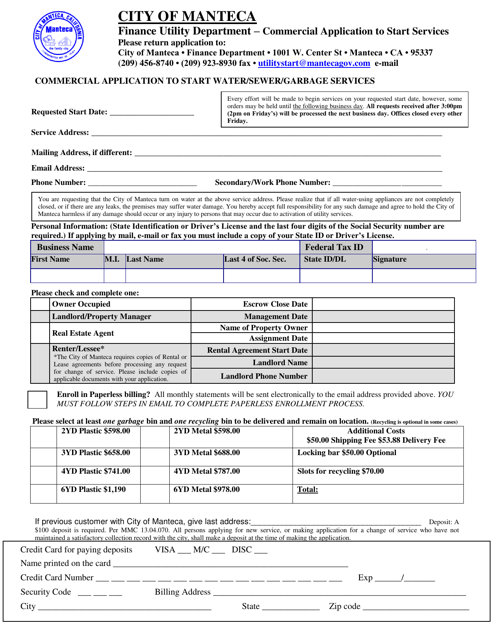 Commercial Application to Start Water / Sewer / Garbage Services - City of Manteca, California Download Pdf