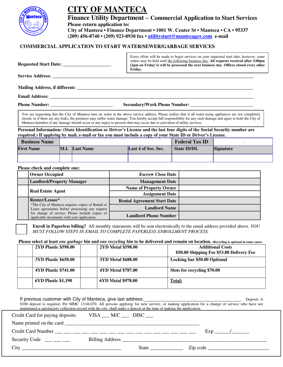 Commercial Application to Start Water / Sewer / Garbage Services - City of Manteca, California, Page 1