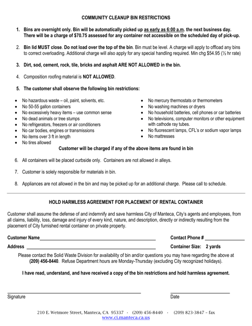 Hold Harmless Agreement for Placement of Rental Container - Community Cleanup Bin Restrictions - City of Manteca, California Download Pdf