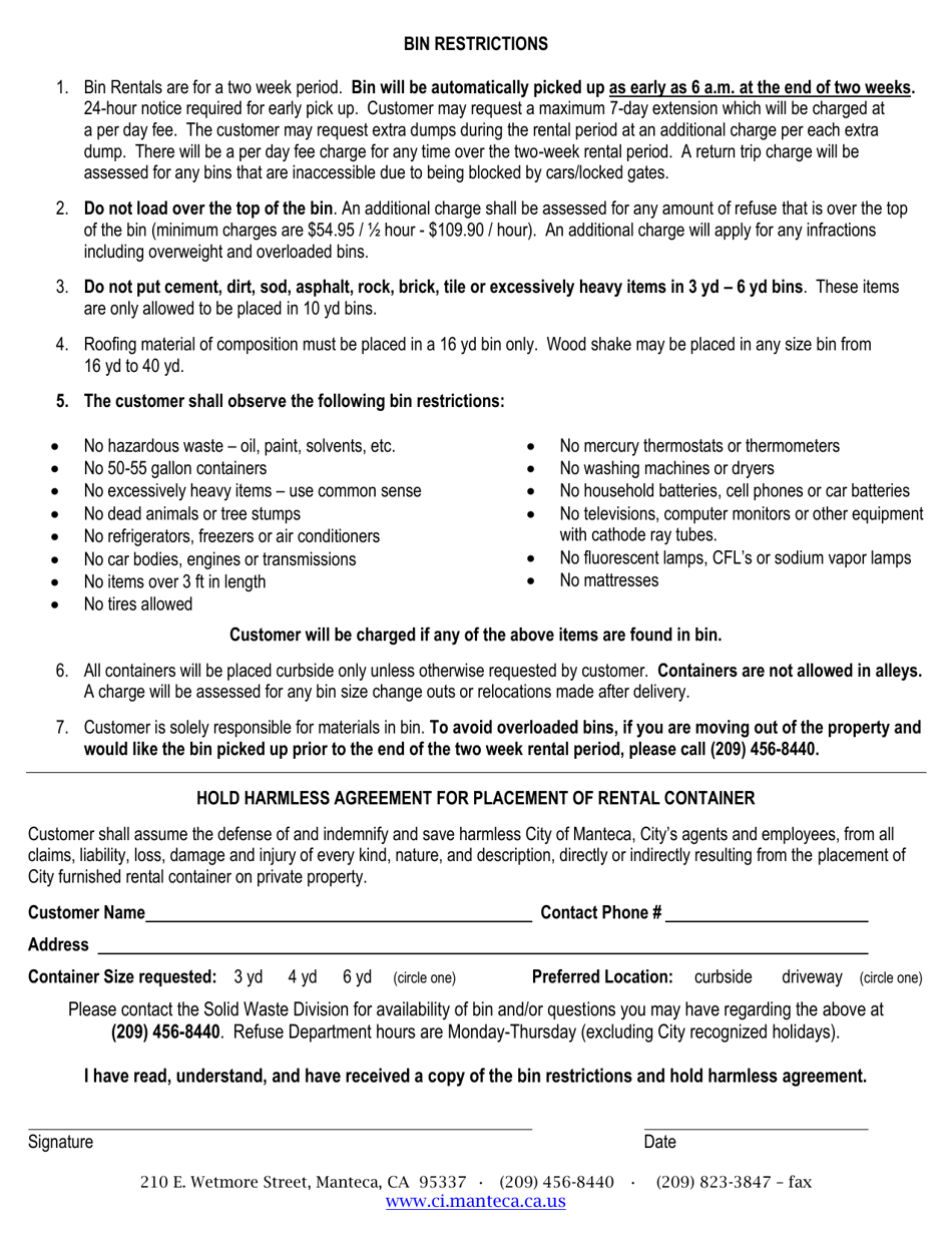 Hold Harmless Agreement for Placement of Rental Container - Bin Restrictions - City of Manteca, California, Page 1