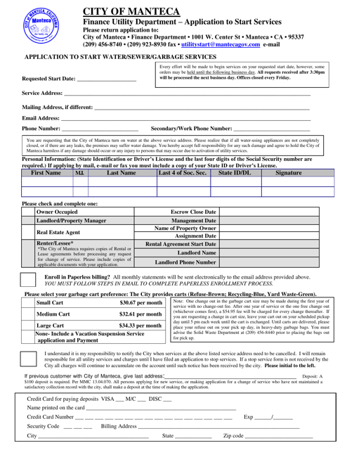 Application to Start Water / Sewer / Garbage Services - City of Manteca, California Download Pdf