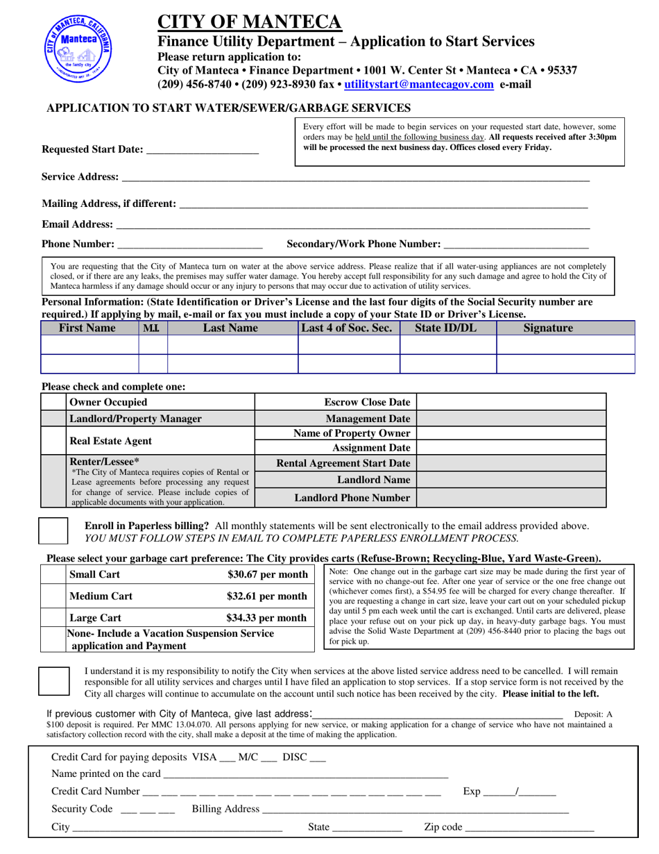 Application to Start Water / Sewer / Garbage Services - City of Manteca, California, Page 1