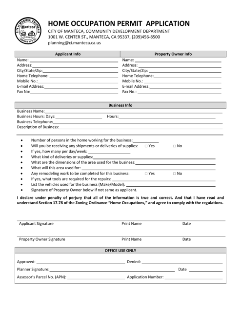 Home Occupation Permit Application - City of Manteca, California Download Pdf