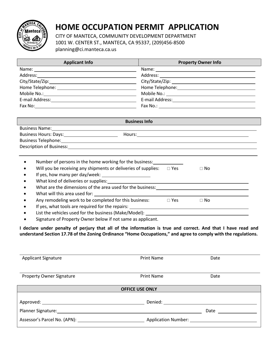 Home Occupation Permit Application - City of Manteca, California, Page 1