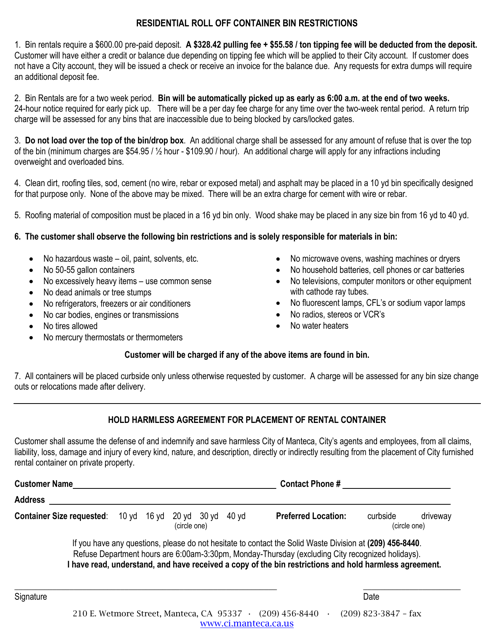 Residential Roll off Bin Restrictions - City of Manteca, California Download Pdf