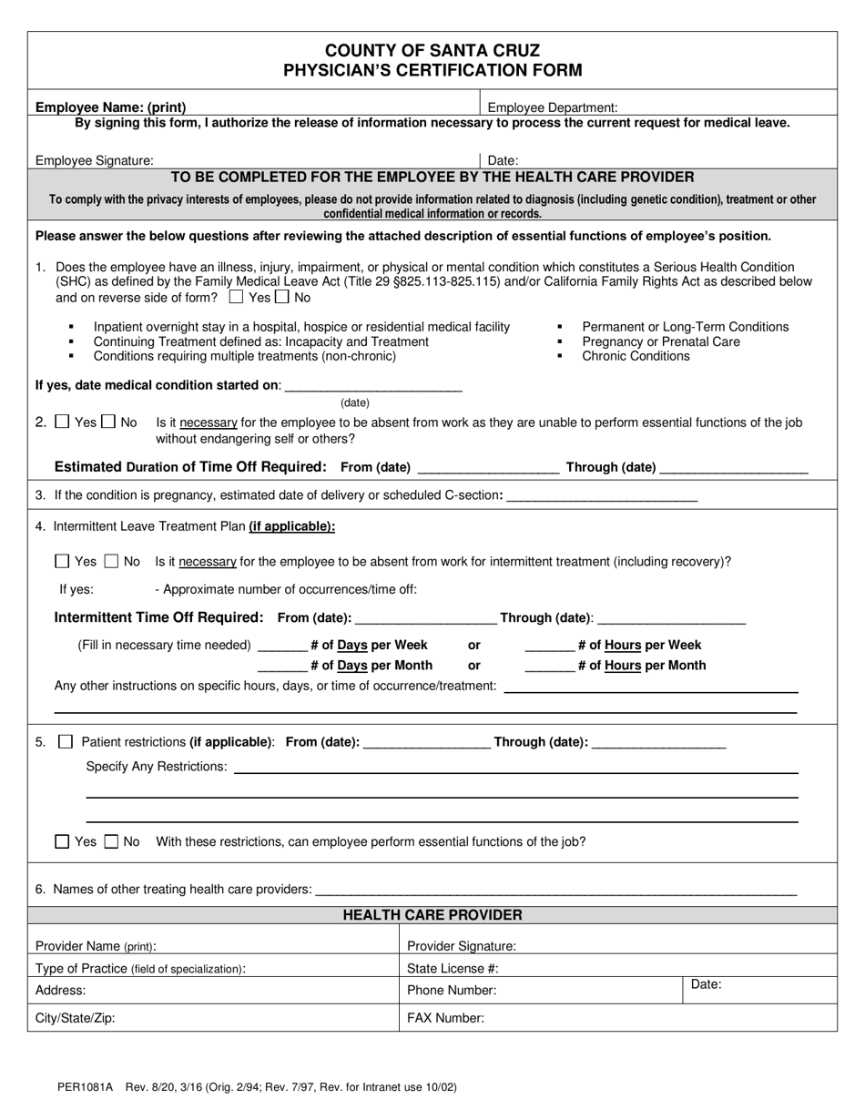 Form PER1081A Physicians Certification Form - County of Santa Cruz, California, Page 1