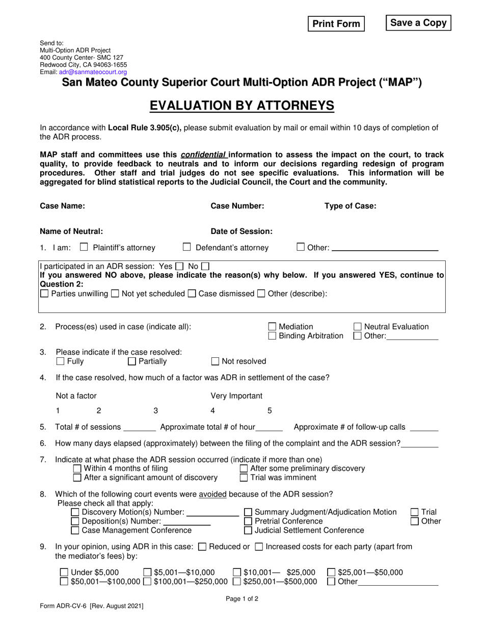 Form ADR-CV-6 Evaluation by Attorneys - Multi-Option Adr Project (Map) - County of San Mateo, California, Page 1