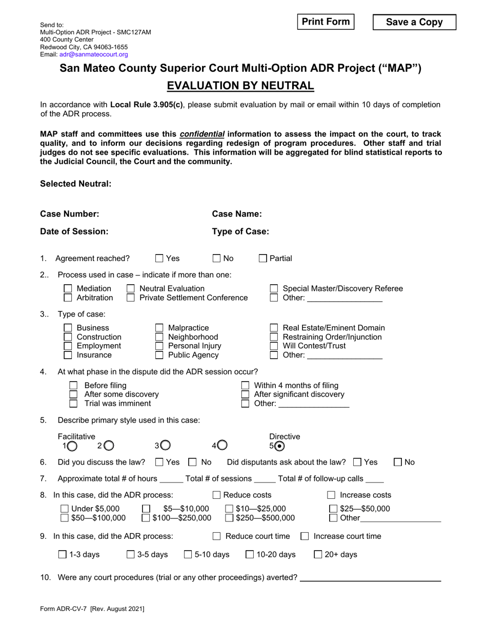 Form ADR-CV-7 Evaluation by Neutral - Multi-Option Adr Project (Map) - County of San Mateo, California, Page 1