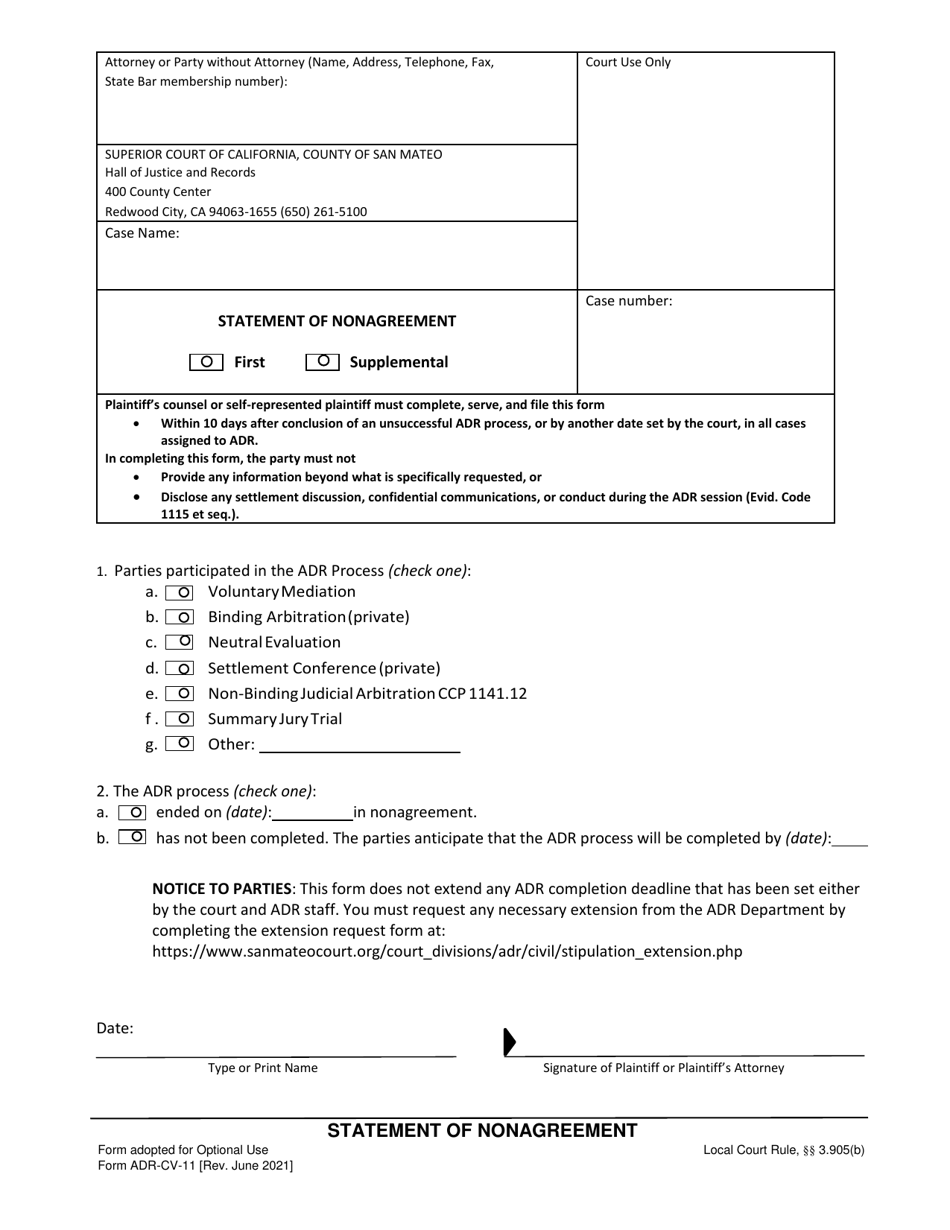 Form ADR-CV-11 Statement of Nonagreement - County of San Mateo, California, Page 1