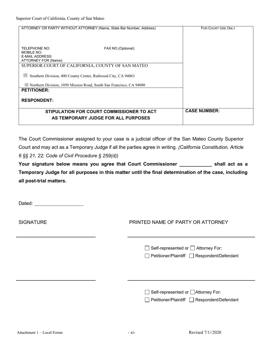 Form AD-10 Attachment 1 Stipulation for Court Commissioner to Act as Temporary Judge for All Purposes - County of San Mateo, California, Page 1