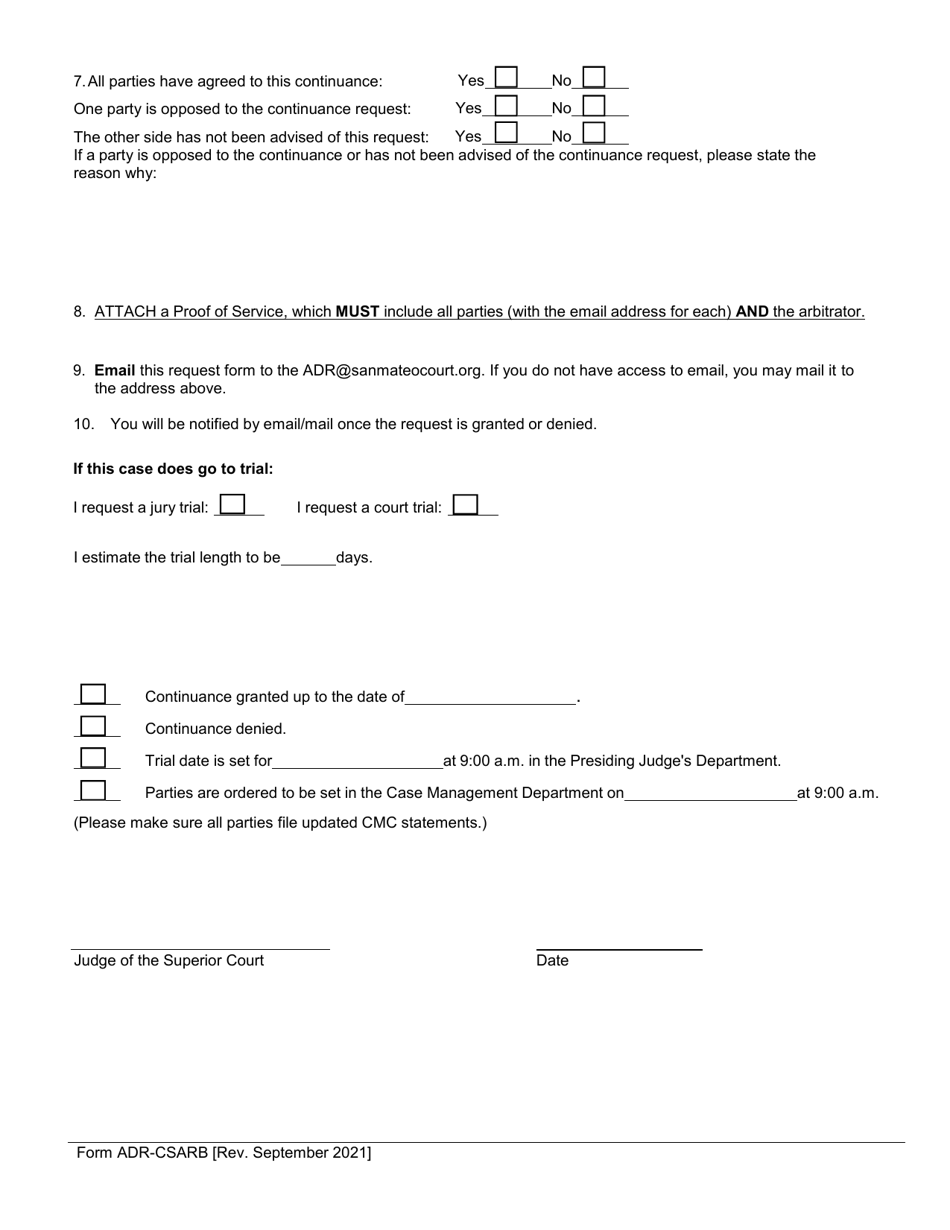 Form ADR-CSARB Ex Parte Motion and Stipulation to Extend Jurisdiction of Arbitrator - County of San Mateo, California, Page 2