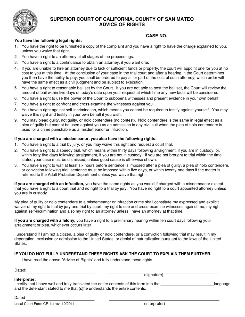 Form CR-1 Advice of Rights - County of San Mateo, California (English / Spanish), Page 1