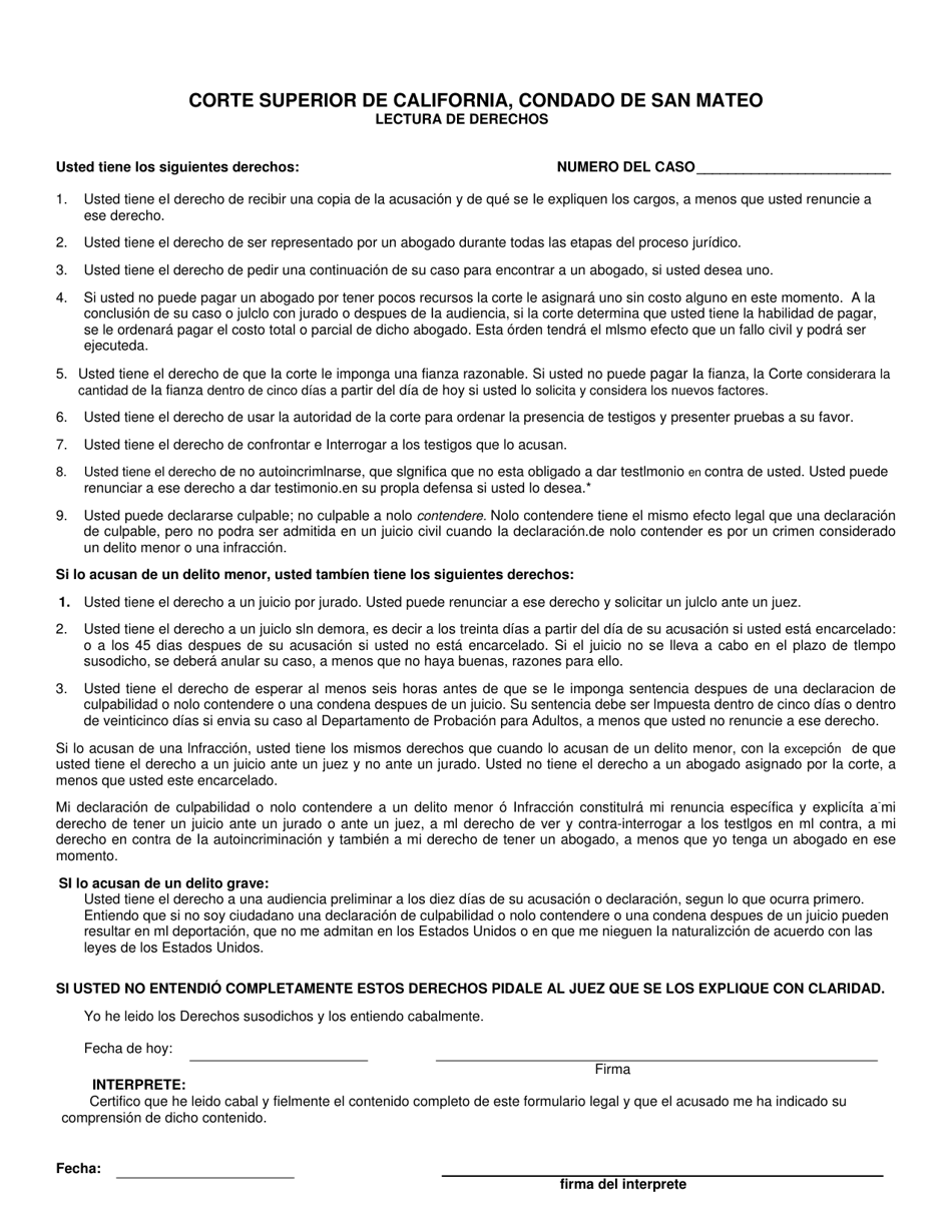 Form CR-1 Advice of Rights - County of San Mateo, California (English / Spanish), Page 2