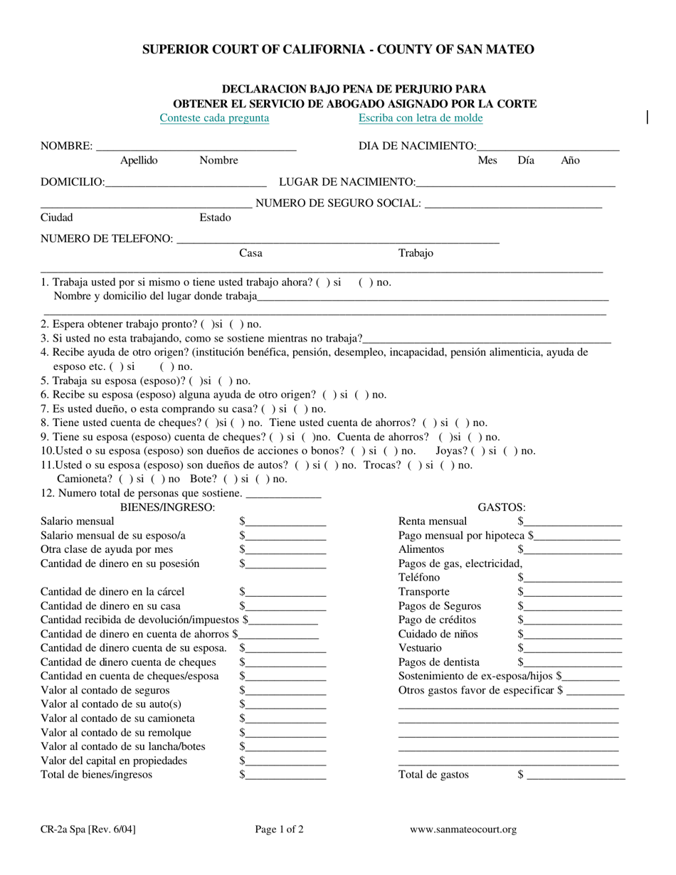 Formulario CR-2A Declaracion Bajo Pena De Perjurio Para Obtener El Servicio De Abogado Asignado Por La Corte - County of San Mateo, California (Spanish), Page 1