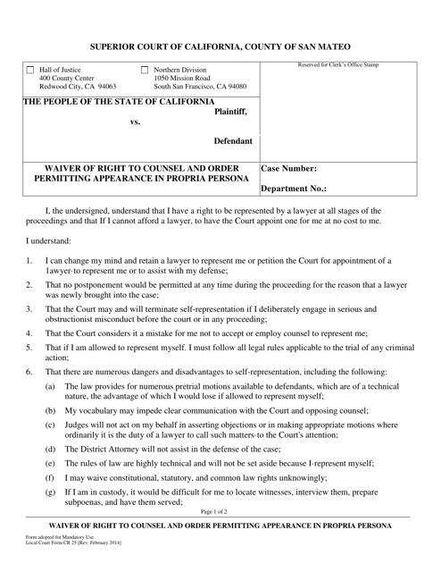 Form CR-25 Waiver of Right to Counsel and Order Permitting Appearance in Propria Persona - County of San Mateo, California