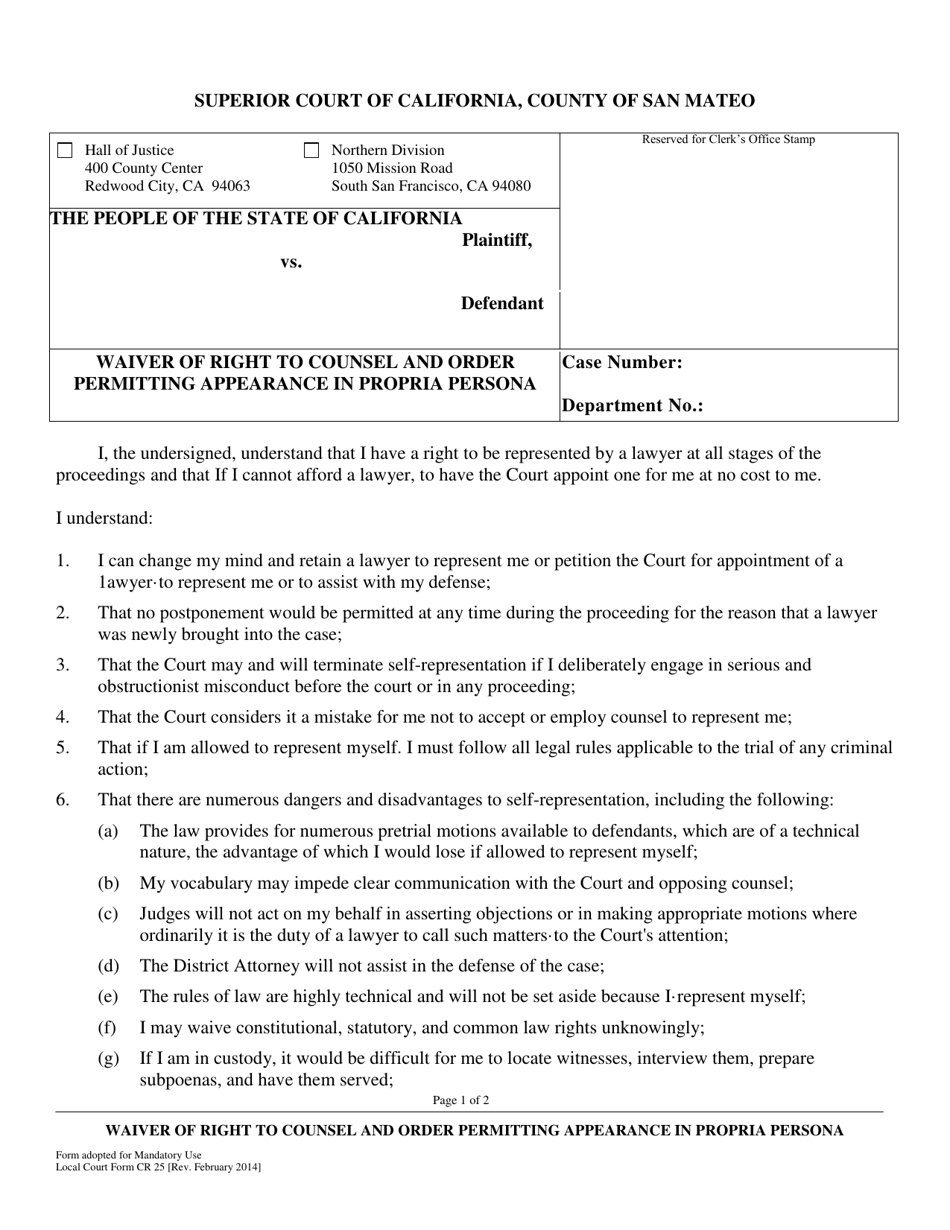 Form CR-25 Waiver of Right to Counsel and Order Permitting Appearance in Propria Persona - County of San Mateo, California, Page 1