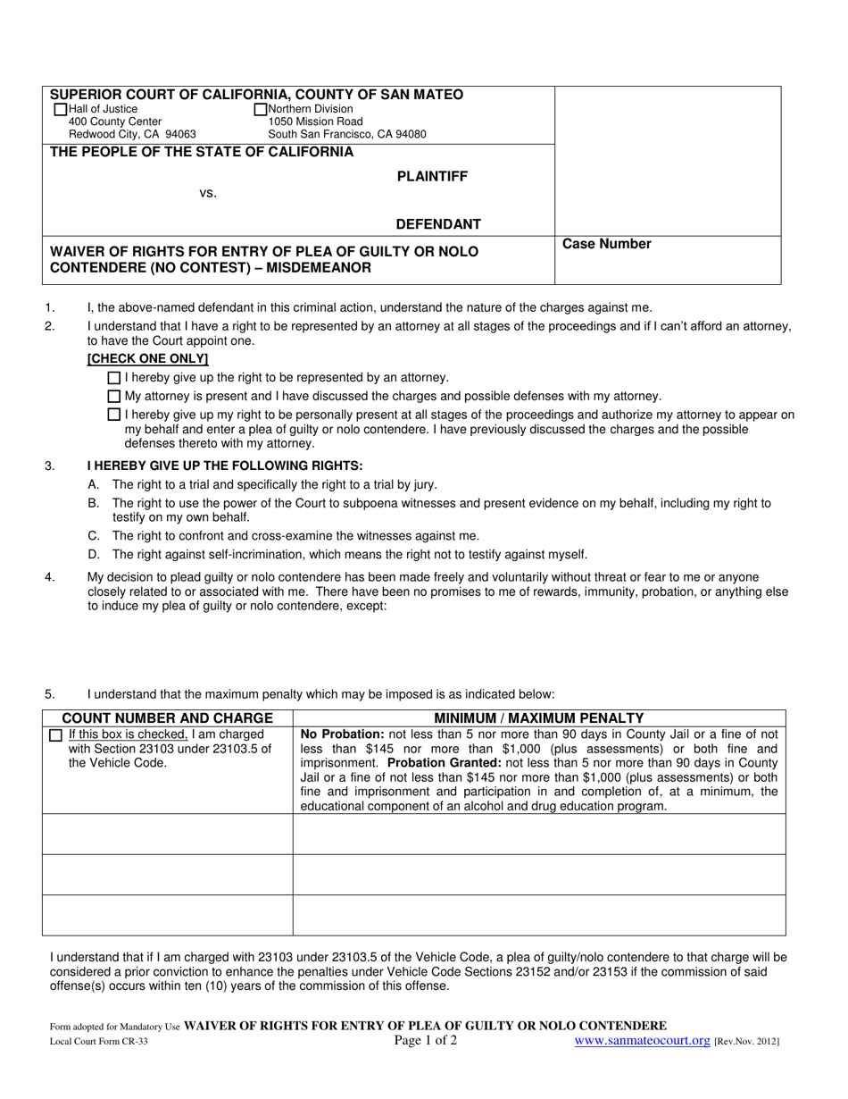 Form CR-33 Waiver of Rights for Entry of Plea of Guilty or Nolo Contendere (No Contest) - Misdemeanor - County of San Mateo, California, Page 1