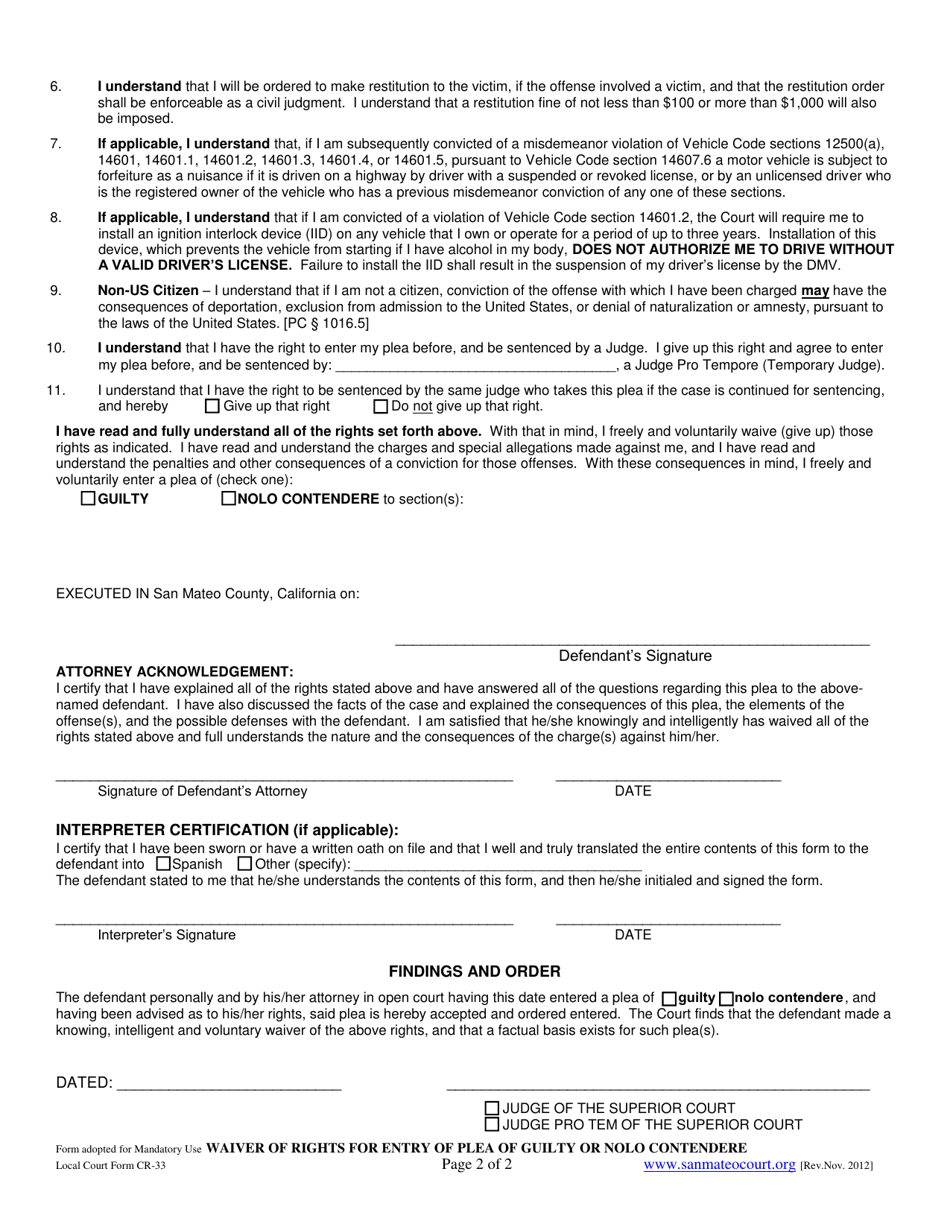 Form CR-33 - Fill Out, Sign Online and Download Fillable PDF, County of ...