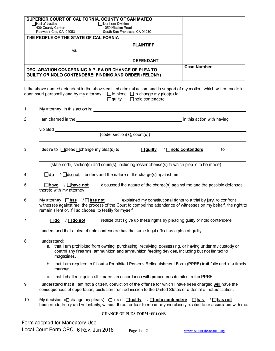 Form CRC-6 Declaration Concerning a Plea or Change of Plea to Guilty or Nolo Contendere; Finding and Order (Felony) - County of San Mateo, California, Page 1