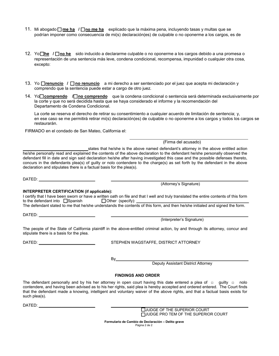 Formulario CRC-6S Declaratorio Sobre Una Declaracion O Cambio De Declaracion a Culpable O No Oponerse a Los Cargos; Determinaciones Y Orden (Delito Grave) - County of San Mateo, California (Spanish), Page 2